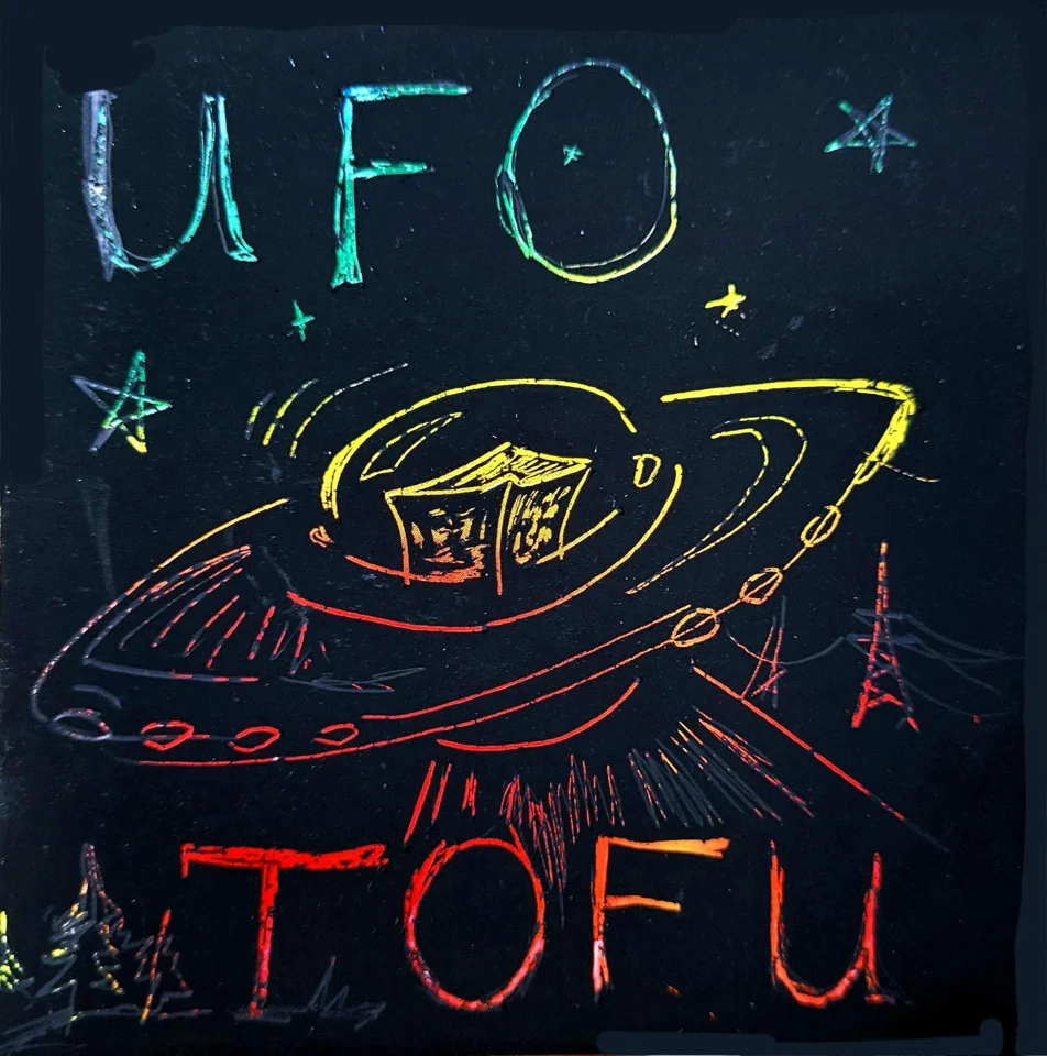 Hand-drawn neon UFOTOFU artwork with a tofu pilot in a flying saucer among stars.