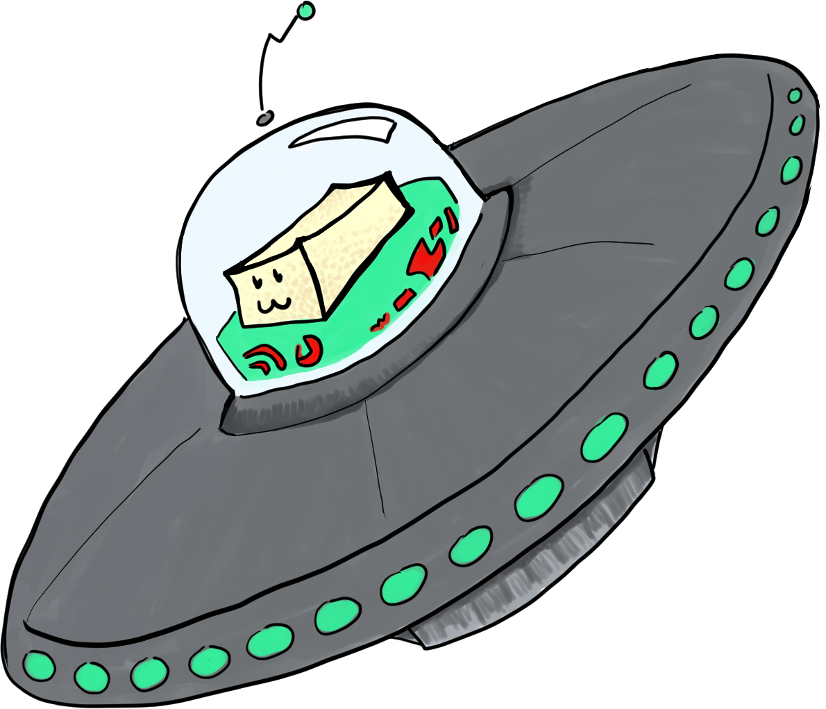 The UFOTOFU saucer: a block of tofu at the controls, under a glass dome